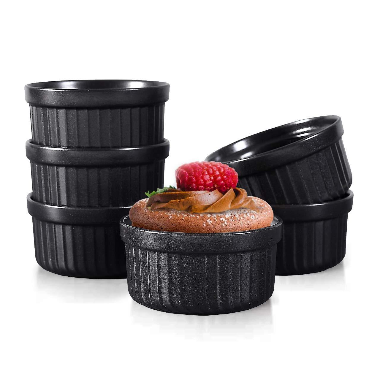 Yachi Black Souffle Ramekins: 4oz 6 Pieces Ceramic Baking Ramekin Set Oven Safe Stoneware Bakeware Serving for Sauces Dipping | Onion Soup | Lava Cake | Flan | Creme Brulee | Pudding | Mini Custard - CookCave