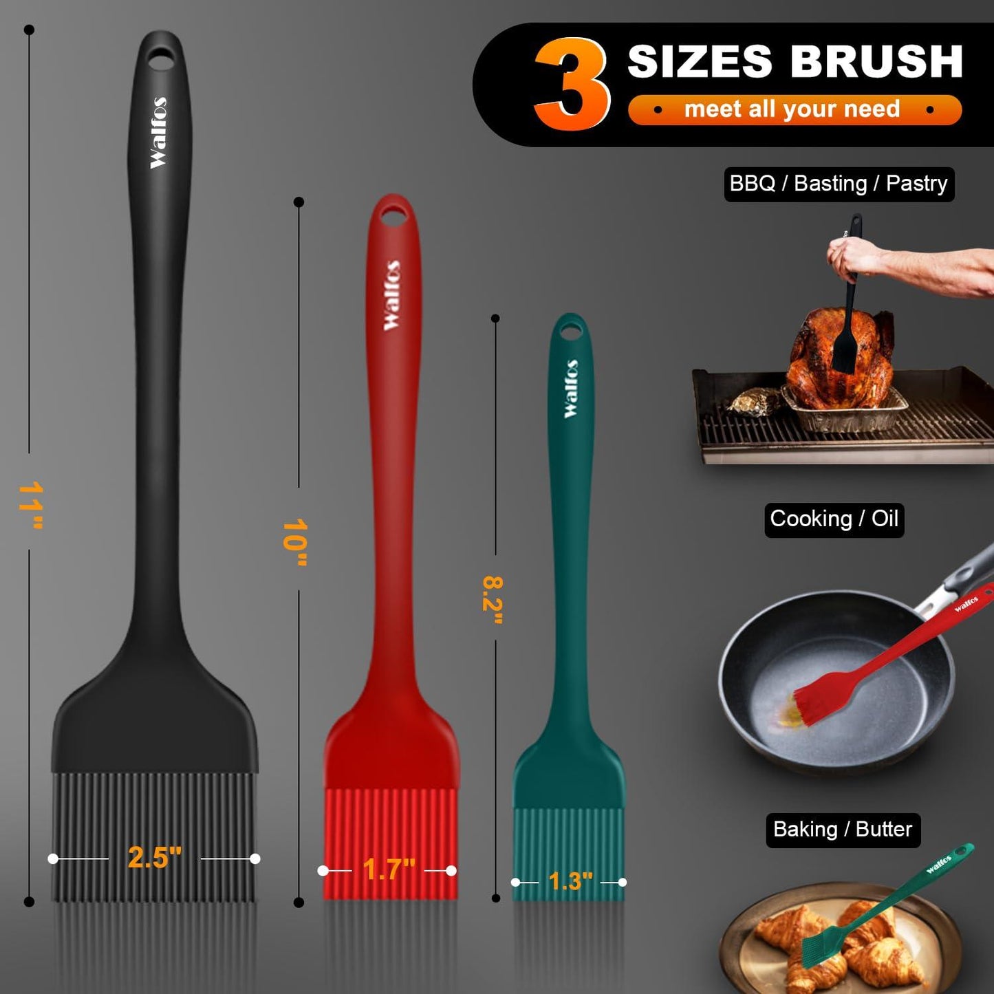 Walfos 3 Size Basting Pastry Brush, Silicone Pastry Brushes for Barbecue, Baking, Desserts, Cooking Brush for Kitchen - Strong Stainless Steel Core - CookCave