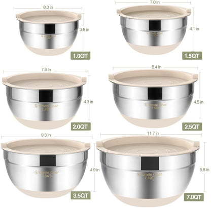 Umite Chef Mixing Bowls with Airtight Lids, 6 piece Stainless Steel Metal Nesting Storage Bowls, Non-Slip Bottoms Size 7, 3.5, 2.5, 2.0,1.5, 1QT, Great for Mixing & Serving (Khaki) - CookCave