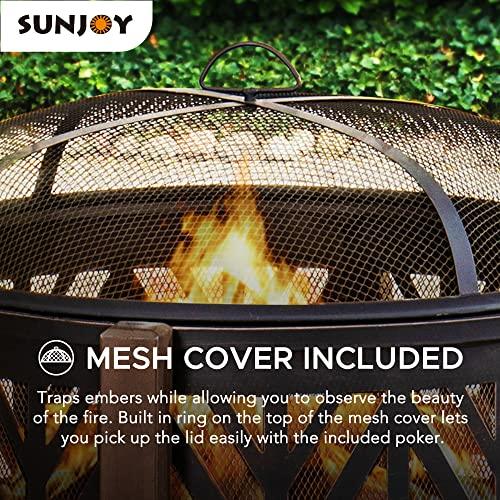 Sunjoy 27 in. Large Fire Pits for Outside Round Wood-Burning Fire Pit, Outdoor Patio Steel Bowl Shape Fire Pit with Mesh Spark Screen and Poker Tool - CookCave