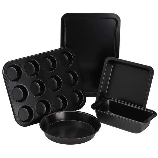 Tebery 5 Pack Nonstick Bakeware Set Includes Cookie Sheet, Loaf Pan, Square Pan, Round Cake Pan, 12 Cups Muffin Pan - CookCave