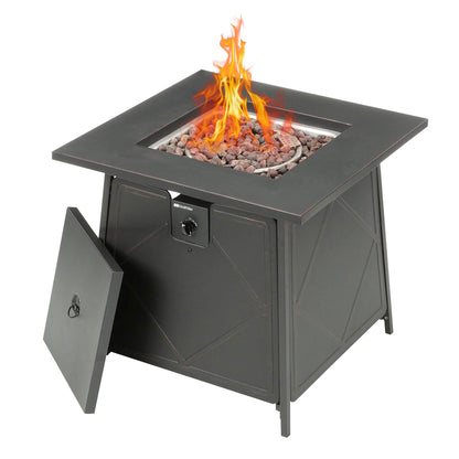 Four Seasons Courtyard Dual Heat 28 Inch Steel Square Gas Outdoor Backyard Tabletop Fire Pit with Lava Rocks and Steel Cover Lid, Black - CookCave