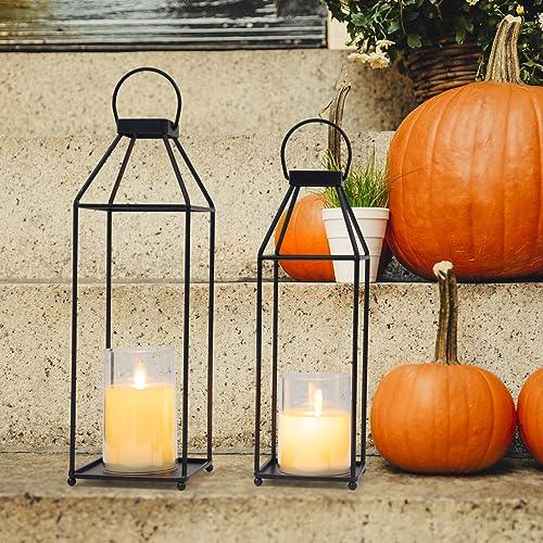 Lanterns Decorative Outdoor 2PCS Living Room Decor Lantern Black Metal Lantern Front Porch Decor Lanterns Decor Indoor with LED Candle Lanterns Decor No Glass for Indoor Outdoor (Small&Large, 2Pcs) - CookCave