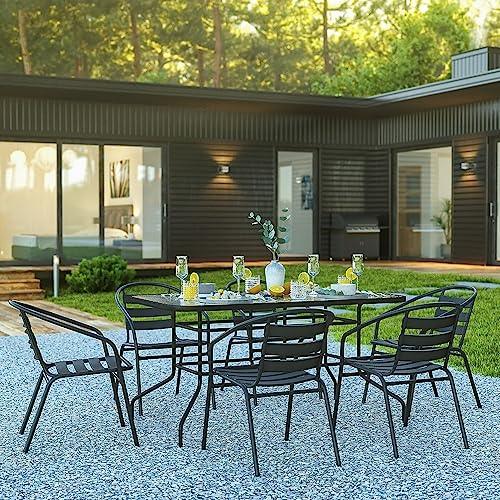 Flash Furniture Lila 7 Piece Patio Dining Set - 55" Tempered Glass Patio Table with Umbrella Hole, 6 Black Metal Aluminum Slat Stack Chairs - CookCave