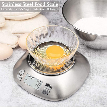 Digital Kitchen Scale with Removable Bowl 2.5L Volume, Electronic Stainless Steel Food Scale for Cooking Baking, Room Temperature, Alarm Timer, 12lb 5.5kg, Batteries Included - CookCave