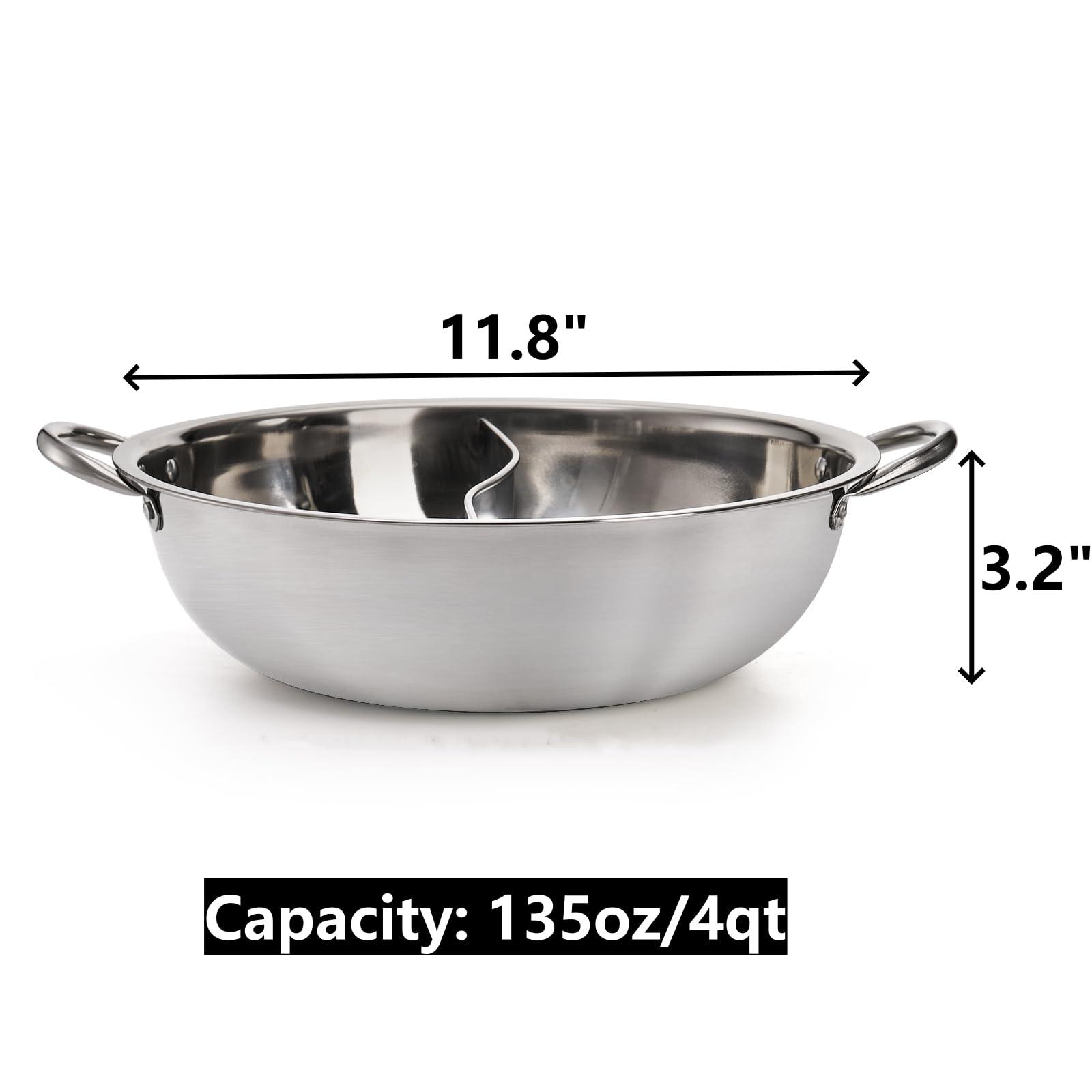 Peohud Stainless Steel Hot Pot with Divider, 12 Inches Double-flavor Shabu Shabu Pot with Ladle and Slotted Spoon, Dual Sided Soup Cookware for Induction Cooktop Gas Stove - CookCave