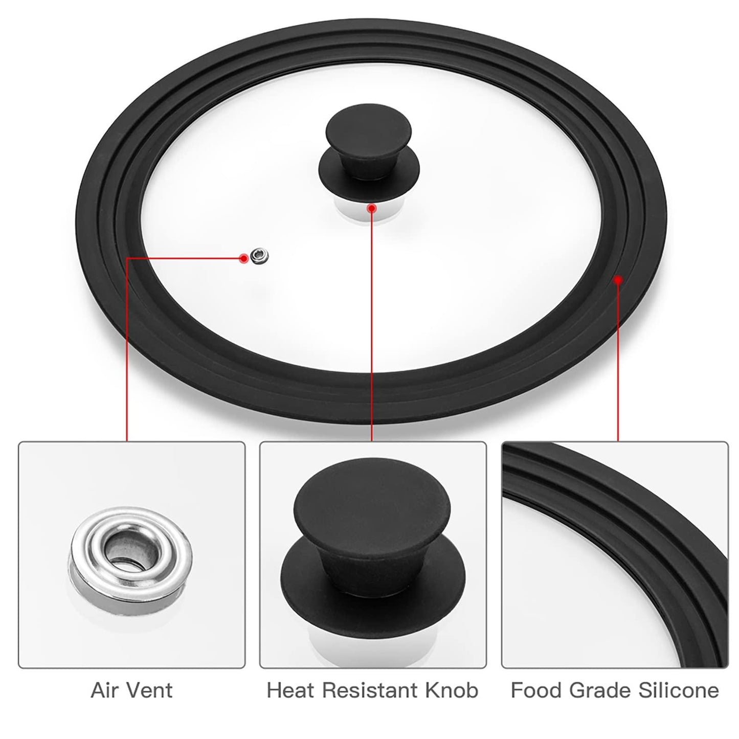 Universal Lid for Pots, Pans and Skillets Vented Tempered Glass with Heat Resistant Silicone Rim, Fits 6 inch, 7 inch, 8 inch Cookware, Replacement Lid, Black - CookCave