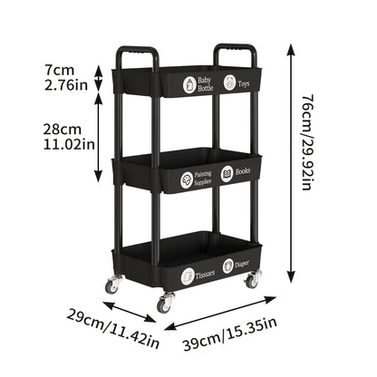 Laiensia 3-Tier Kitchen Storage Cart,Multifunction Utility Rolling Storage Organizer,Mobile Shelving Unit Cart with Lockable Wheels for Bathroom,Laundry,Living Room,With Classified Stickers,Black - CookCave