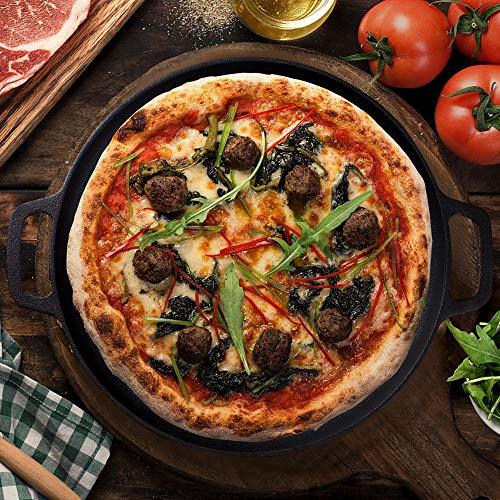 Max K 14-Inch Pizza Pan with Handles - Preseasoned Cast Iron Cooking Pan for Baking, Roasting, Frying - Black - CookCave