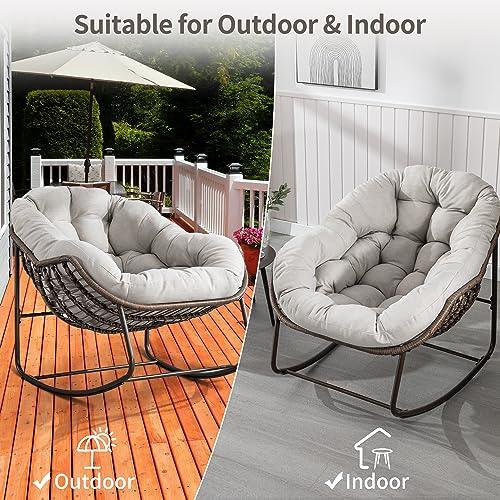 HOMEFUN Outdoor Patio Rocking Chairs, Oversized Papasan Rocking Chair Indoor with Padded Cushion - Rocker Egg Chair for Front Porch, Garden, Patio, Backyard Beige - CookCave