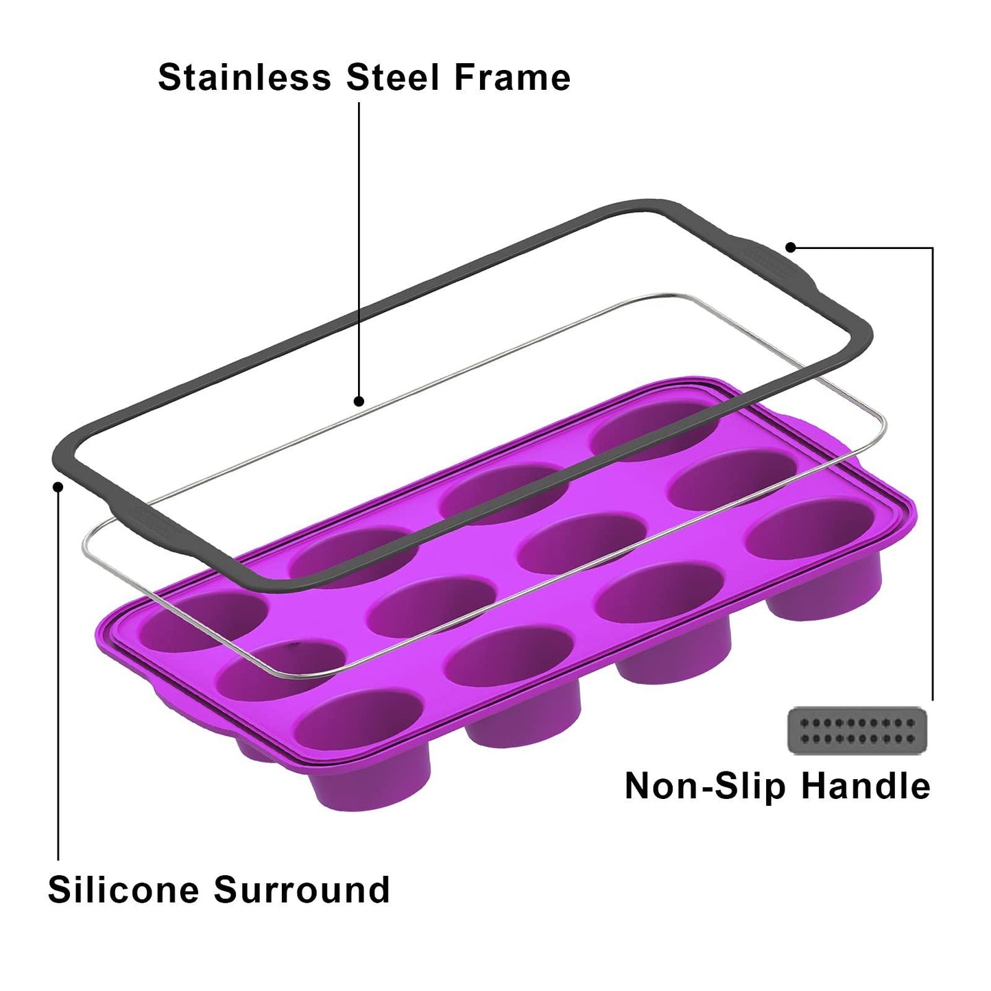 Aichoof Non-Stick Silicone Muffin Pan With Reinforced Stainless Steel Frame Inside,12 Cup Regular Muffin Baking Mold, 12 Cup Muffin Tin, BPA Free,Dishwasher Safe, Purple - CookCave