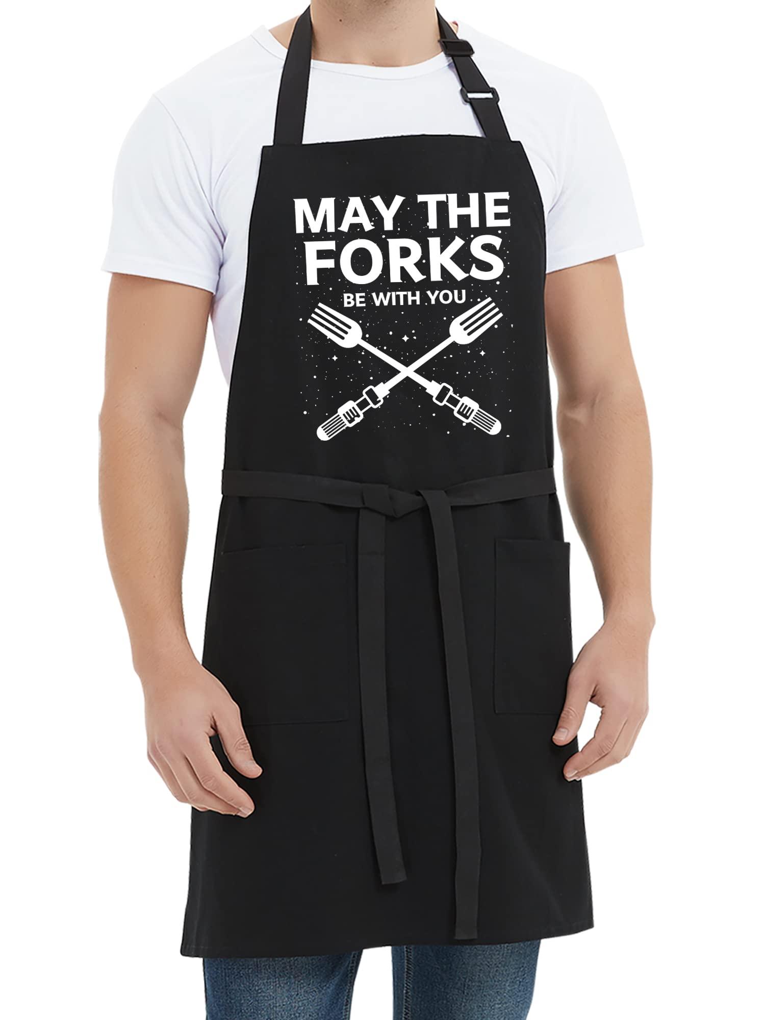 Kaidouma Funny Grill Aprons for Men - May The Forks Be With You - Men’s Funny Chef Cooking Grilling BBQ Aprons with 2 Pockets - Birthday Father’s Day Christmas Gifts for Dad, Husband, Movie Fans - CookCave