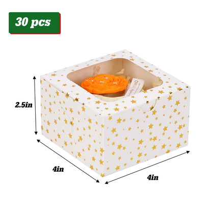 Moretoes 30pcs 4x4x2.5in Christmas Cookie Boxes, White Bakery Boxes with Window Gold Foil Star for Xmas Gift Giving Cake Pastry Dessert Cupcakes Candy Donut Packaging Treat Boxes - CookCave