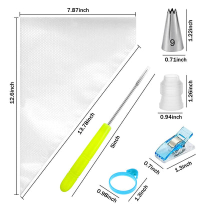 Piping Bags and Tips Set - 100 12Inch Disposable Pastry Piping Bags for Royal Icing with 7 Frosting Tips, 10 Icing Bags Ties, 2 Scriber Needle - Tipless Piping Bags Kit for Cookies & Cake Decorating - CookCave