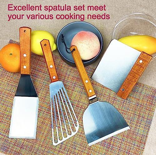 KLAQQED Spatula, Metal Spatulas Set, Stainless Steel Spatula, Fish Spatula Turner Cooking BBQ Grill Griddle Spatula, Metal Spatula for Cast Iron Skillet, Small Wide Kitchen Spatulas with Wood Handle - CookCave