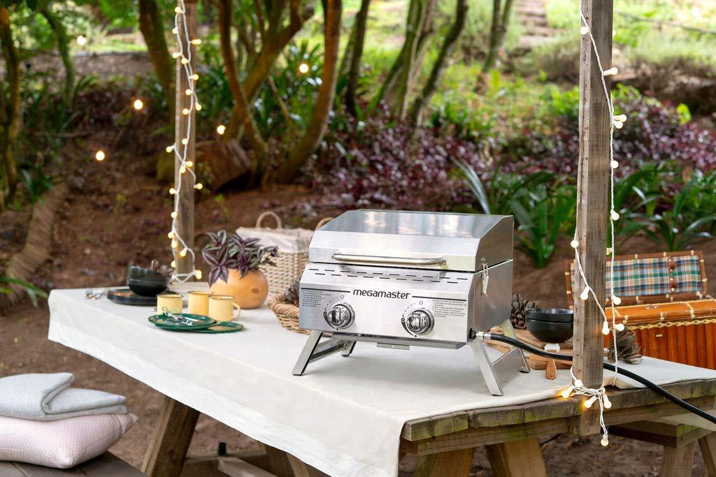 Megamaster Premium Outdoor Cooking 2-Burner Grill, While Camping, Outdoor Kitchen, Patio Garden, Barbecue with Two Foldable legs, Silver in Stainless Steel - CookCave