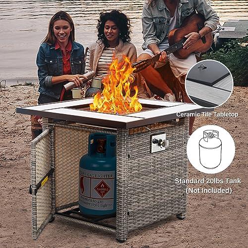 Outdoor Propane Fire Pit Table for Outside, 30 Inch 50,000 BTU Square Grey Rattan Gas Firepit with Tabletop, Fire Glass, and Waterproof Cover, for Parties and Gatherings on Patio Garden Backyard Porch - CookCave