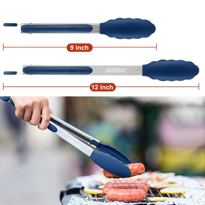 EEKEDO Kitchen Tongs, Stainless Steel Silicone Tongs for Cooking 600ºF High Heat-Resistant BBQ Grilling Locking Tongs, Set of 2-9" and 12" Classic Blue - CookCave