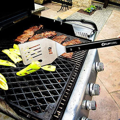 FLIPFORK Boss - 5 in 1 Grill Spatula with Knife, Fork, Bottle Opener and Turner BBQ Tools. All in One Grill Accessories Set for Outdoor Grills. 18 inch Grilling Accessories BBQ Set (Black) - CookCave