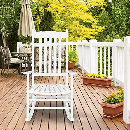 Outvita Outdoor Rocking Chair, Solid Wood High Back Rocker, All Weather Lounge Chair for Porch Patio Fire Pit Garden Backyard Deck Indoor, Wave Shape, White - CookCave