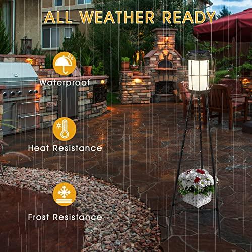 36" Metal Solar Floor Lamp, Solar Lantern with Plant Stand, Solar Light Outdoor Waterproof for Garden Yard Deck Porch Patio Decor - CookCave