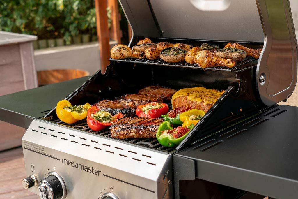 Megamaster 2-Burner Propane Barbecue Gas Grill with Foldable Side Tables, Perfect for Camping, Outdoor Cooking, Patio, Garden Barbecue Grill, 28000 BTUs, Silver and Black, 720-0864MA - CookCave