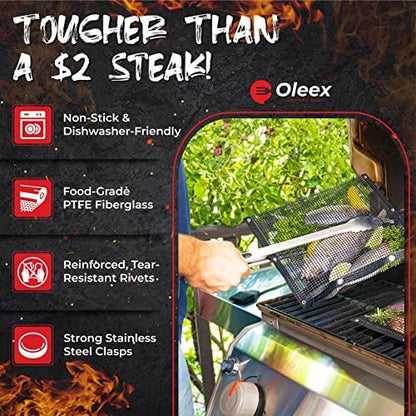 Oleex Non-Stick Large BBQ Grilling Bags + Basting Brush - Reusable PTFE Mesh Indoor Outdoor Charcoal Barbecue Grill Bag Accessories, Heat-Resistant Up to 500 F, Easy to Clean, Dishwasher-Safe - CookCave