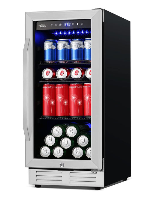 Velivi 15 Inch Beverage Refrigerator and Cooler - 125Cans Capacity Mini Beer Drink Fridge with Glass Door and Lock Under Counter Built-in or Freestanding - for Soda, Beer, Wine - for Home Bar Kitchen - CookCave