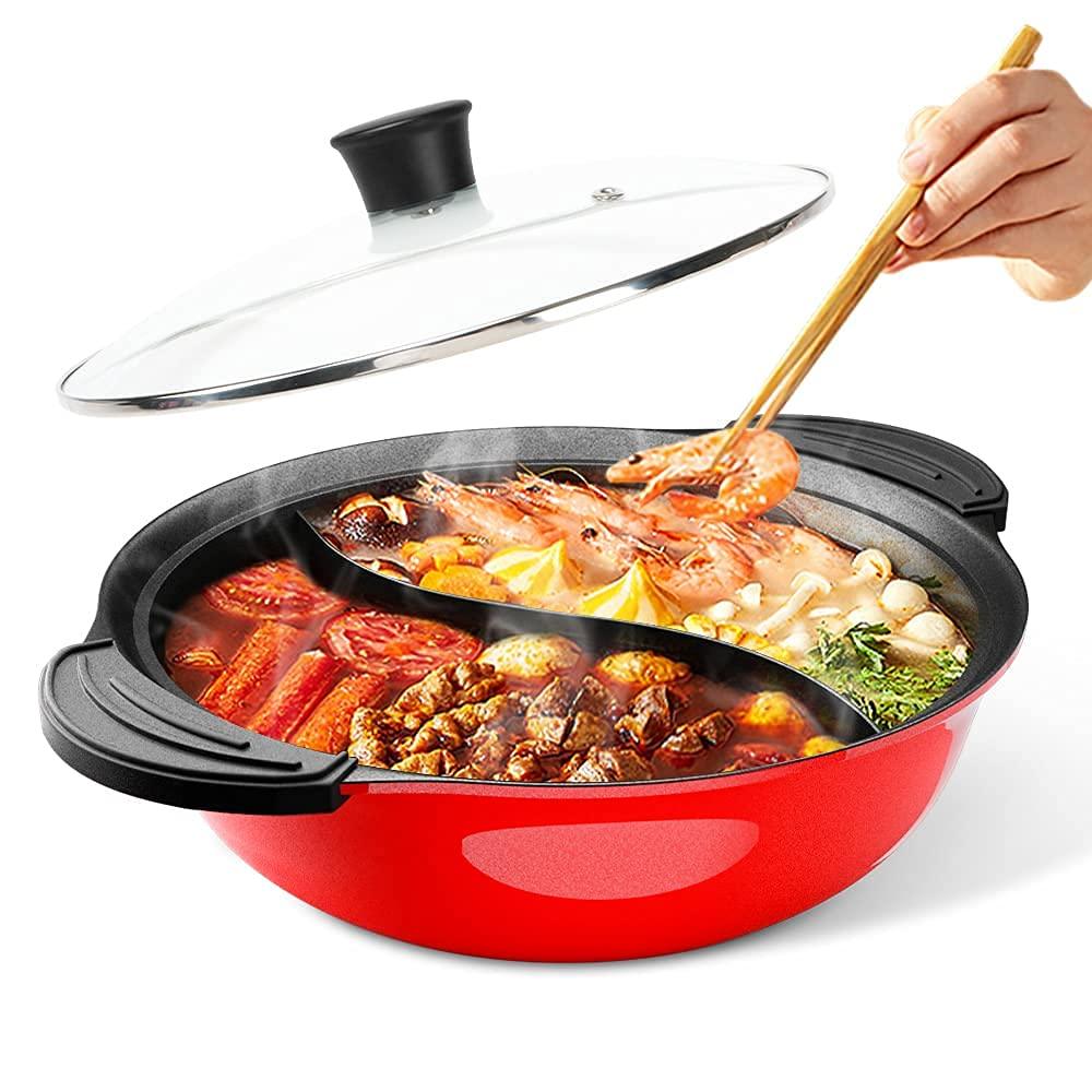 Hot Pot with Divider for Induction Cooker Dual Sided Soup Cookware Two-flavor Chinese Shabu Shabu Pot for Home Party Family Gathering, 4.5 Quart (Red) - CookCave