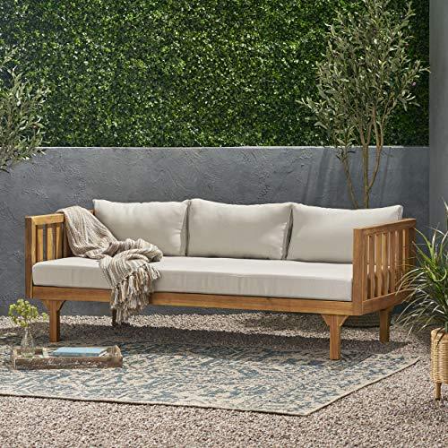 Christopher Knight Home Tina Outdoor 3 Seater Acacia Wood Daybed, Teak Finish, Light Grey - CookCave