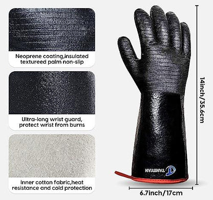 TANSYAN BBQ Gloves, 932℉Heat Resistant for Barbecue/Baking/Cooking/Pit with Waterproof,Oil Resistant so Easy to Clean(14 Inch) - CookCave