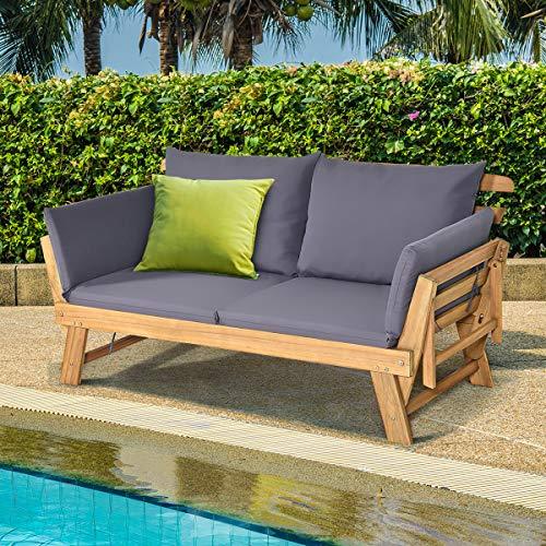 Tangkula Acacia Wood Patio Convertible Couch Sofa Bed with Adjustable Armrest, Outdoor Daybed with Cushion & Pillow, Folding Chaise Lounge Bench Ideal for Porch Courtyard Poolside (Dark Grey) - CookCave