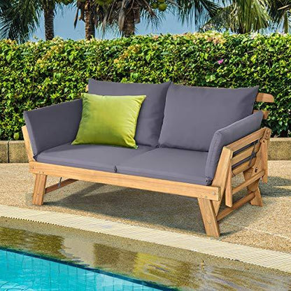 Tangkula Acacia Wood Patio Convertible Couch Sofa Bed with Adjustable Armrest, Outdoor Daybed with Cushion & Pillow, Folding Chaise Lounge Bench Ideal for Porch Courtyard Poolside (Dark Grey) - CookCave