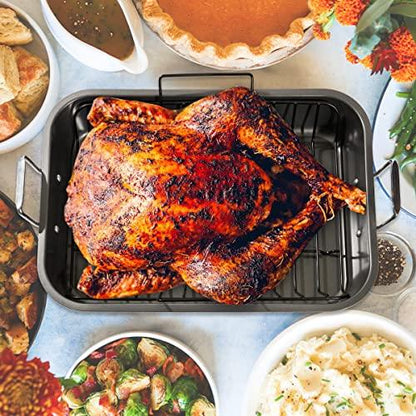 Turkey Roasting Pan With Rack (Grey/Black), By Home Basics | Carbon Steel Non-Stick Pan With Handles | 20" Roaster Great For Ham, Roast Beef, and Prime Rib, Gray, 22"x14.25" - CookCave