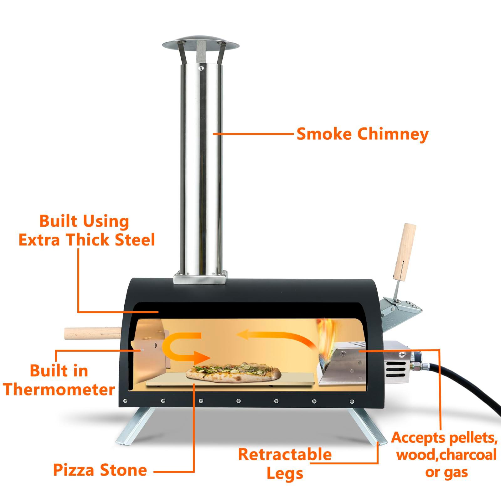 Hello. Dr 13" Multi-Fuel Pizza Oven Outdoor - Portable Wood Pellet and Gas Pizza Oven - Countertop Pizza Oven with Built-in Thermometer,Pizza Cutter & Carry Bag, for Outside Backyard Outdoor Kitchen - CookCave