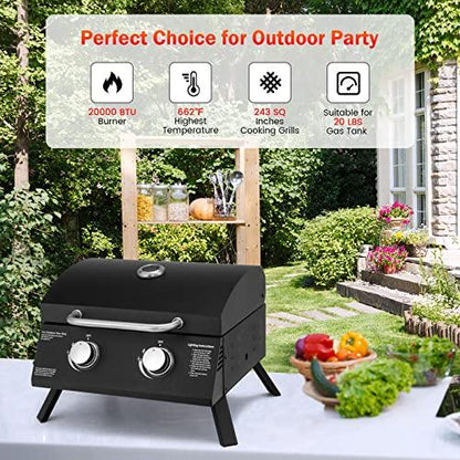 COSTWAY Portable Gas Grill, 20,000 BTU Tabletop Barbecue Grill with 2 Burners, Dual Temperature Control, Folding Legs, Built-in Thermometer, Propane Gas Grill for RV Backyard BBQ Camping Patio, Black - CookCave