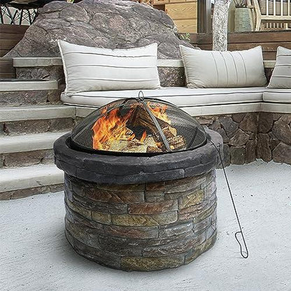 Teamson Home Round Stone Look Steel Outdoor Fire Pit Outside Wood Burning Firepit Bonfire with Spark Screen, Firebowl, Poker, Charcoal Grill for Patio Garden Backyard BBQ, 27 Inch, Dark Gray/Brown - CookCave