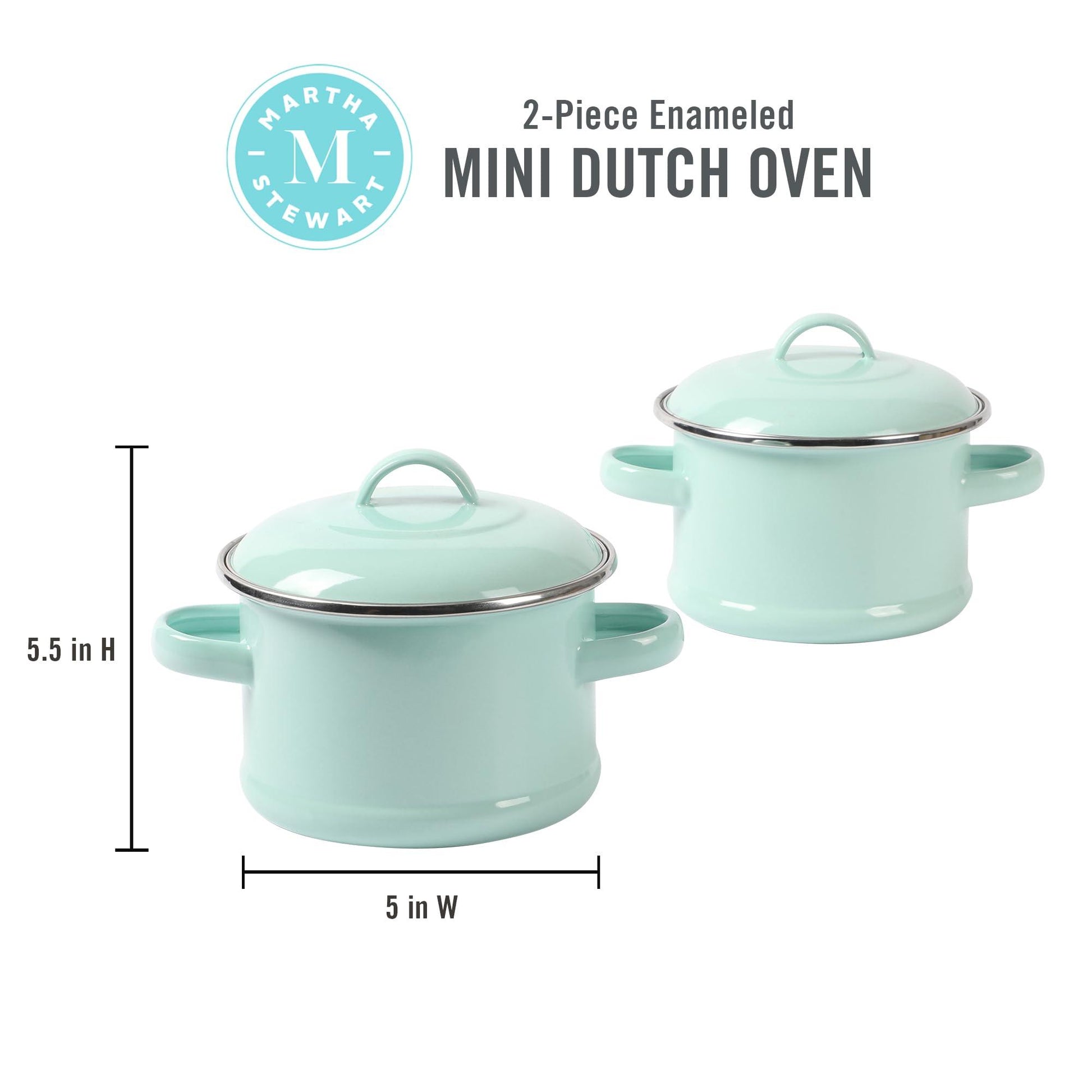 Martha Stewart Thayer 2-Pack 5.5" Enamel On Steel Mini Scratch Resistant Dutch Oven w/Lid - Martha Blue - CookCave