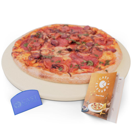 Cast Elegance Pizza Stone for Oven, Stove & Outdoor Grilling - 14” inch Round Baking Stones - Durable Cordierite Pizza Pan & Thermal Shock Resistant - Perfect for Crisp Crust Pizza, Bread & More - CookCave