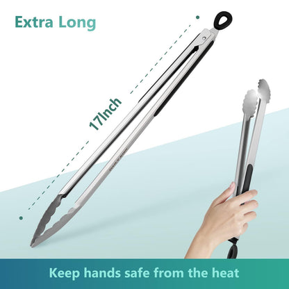 Grill Tongs, 17 Inch Extra Long BBQ Tongs, Premium Stainless Steel Metal Tongs for Cooking, Grilling, Barbecue/BBQ, Buffet (17", 1PC) - CookCave