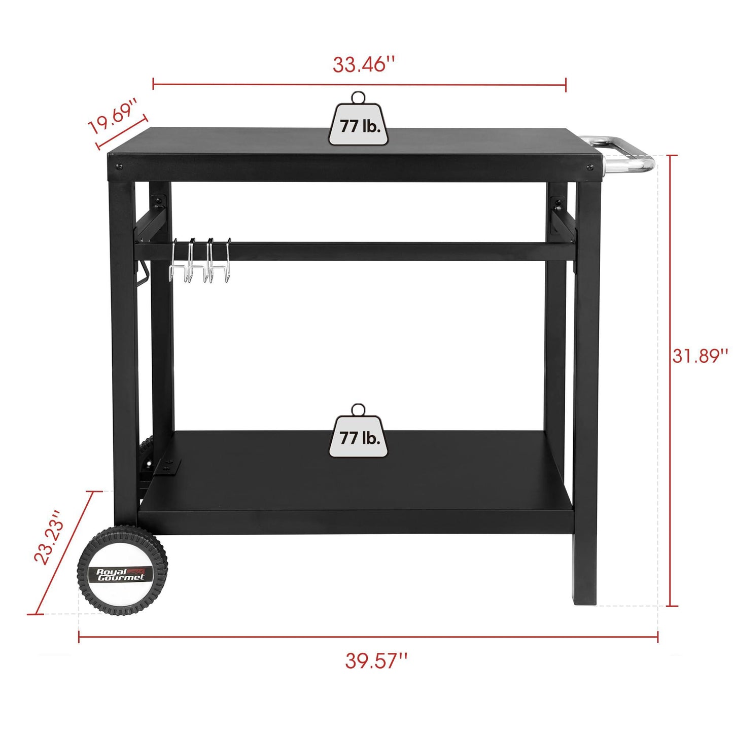 Royal Gourmet Dining Cart Table with Double-Shelf, Movable Steel Flattop Worktable, Hooks, Side Handle, Multifunctional and Commercial PC3401B (Black) - CookCave