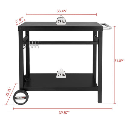 Royal Gourmet Dining Cart Table with Double-Shelf, Movable Steel Flattop Worktable, Hooks, Side Handle, Multifunctional and Commercial PC3401B (Black) - CookCave