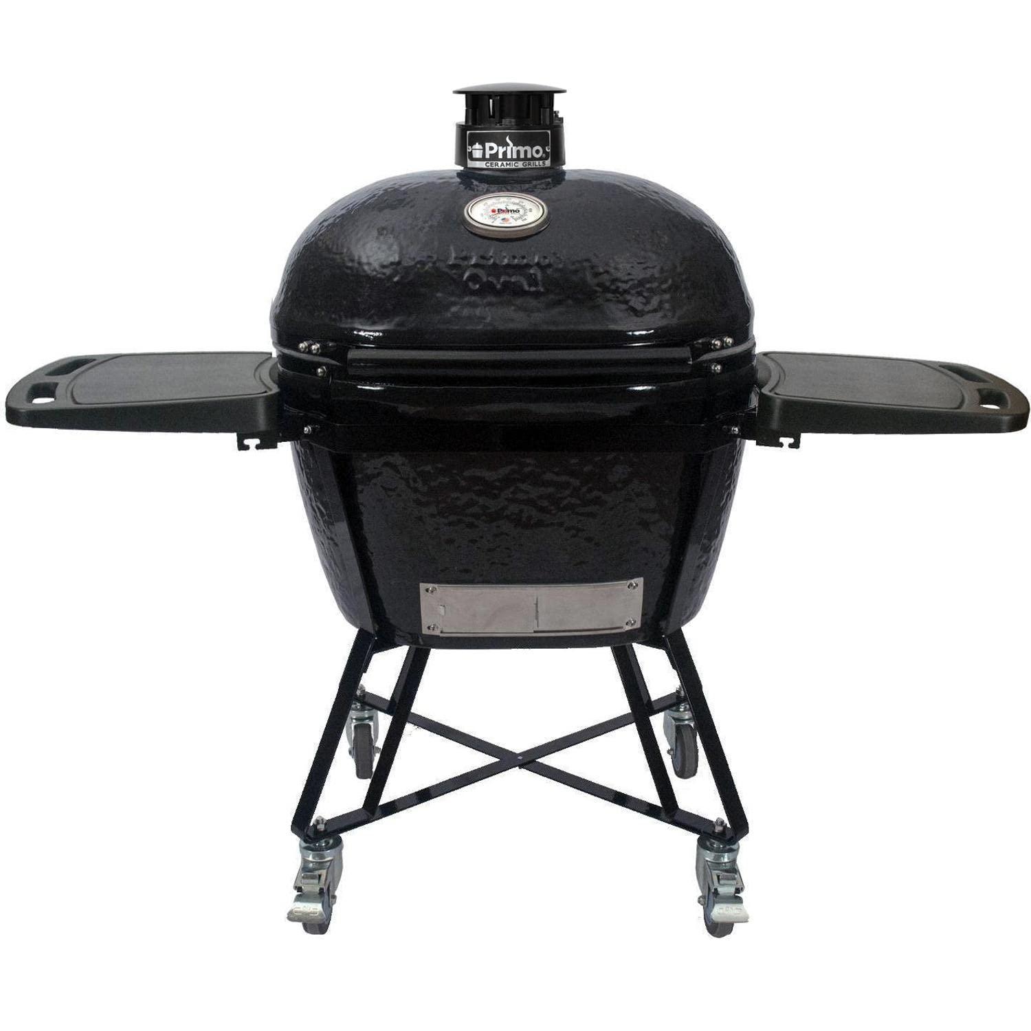 Primo Grills All-in-One Oval XL 400 Ceramic Kamado Grill with Cradle, Side Shelves, and Stainless Steel Grates - PGCXLC (2021), Black - CookCave