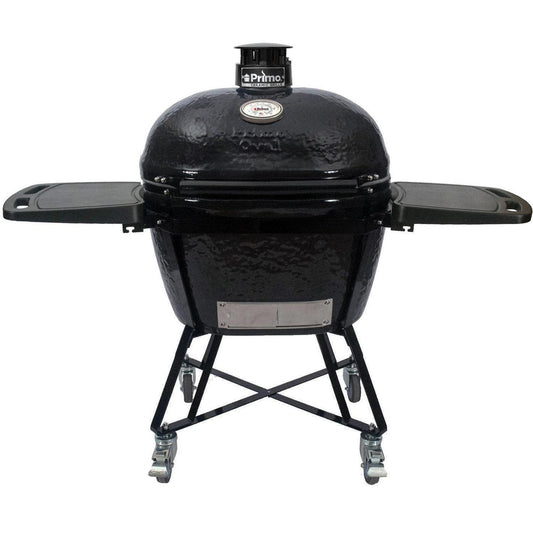 Primo Grills All-in-One Oval XL 400 Ceramic Kamado Grill with Cradle, Side Shelves, and Stainless Steel Grates - PGCXLC (2021), Black - CookCave