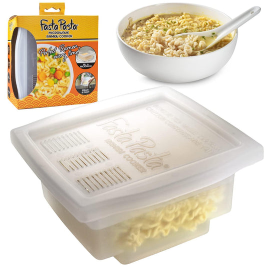 The Original Fasta Pasta Microwave Ramen Cooker w Lid and Built-in Strainer- No More Messes, Waiting for Water to Boil,or Sticky Noodles- Perfect Al Dente Pasta Every time- Patented, It Really Works - CookCave