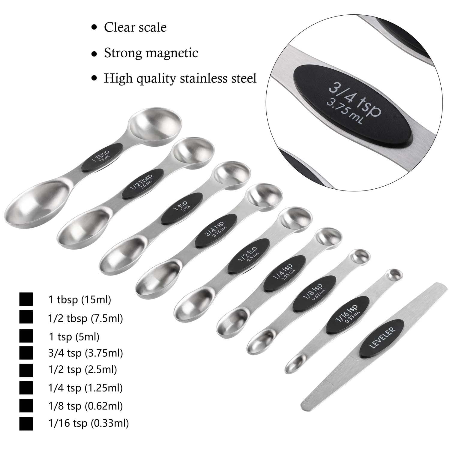 Magnetic Measuring Cups and Spoons Set Including 7 Stainless Steel Stackable Measuring Cup 8 Double Sided Magnetic Measuring Spoons with 1 Leveler for Dry and Liquid Ingredients (black) - CookCave