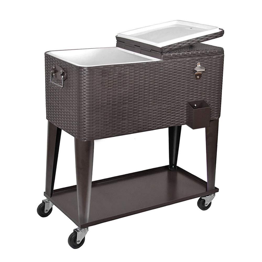 80 Quart Qt Rolling Cooler Ice Chest Cart for Outdoor Patio Deck Party, Dark Brown Wicker Faux Rattan Tub Trolley, Portable Backyard Party Drink Beverage Bar, Wheels with Shelf & Bottle Opener - CookCave