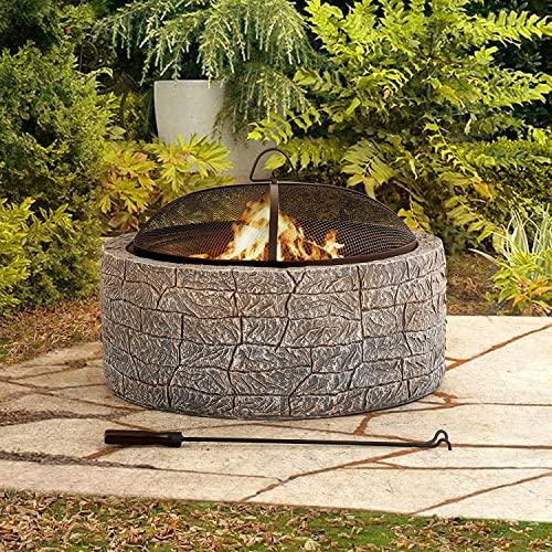 Sunjoy 26 in. Stone Fire Pit, Patio Outdoor Round Wood Burning Fire Pits for Outside with Spark Screen and Poker, Brown & Black - CookCave