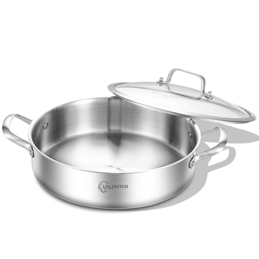 LOLYKITCH 12 Incn Tri-Ply Stainless Steel 5.5 QT Sauté Pan with Lid,Deep Frying pan,Large Skillet,Jumbo Cooker,Induction Pan,Dishwasher and Oven Safe. - CookCave