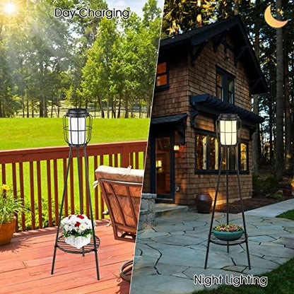 36" Metal Solar Floor Lamp, Solar Lantern with Plant Stand, Solar Light Outdoor Waterproof for Garden Yard Deck Porch Patio Decor - CookCave